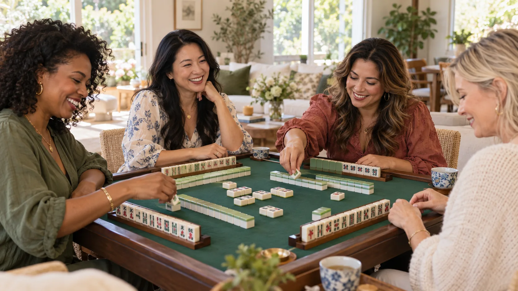 Four friends laughing around a mahjong table